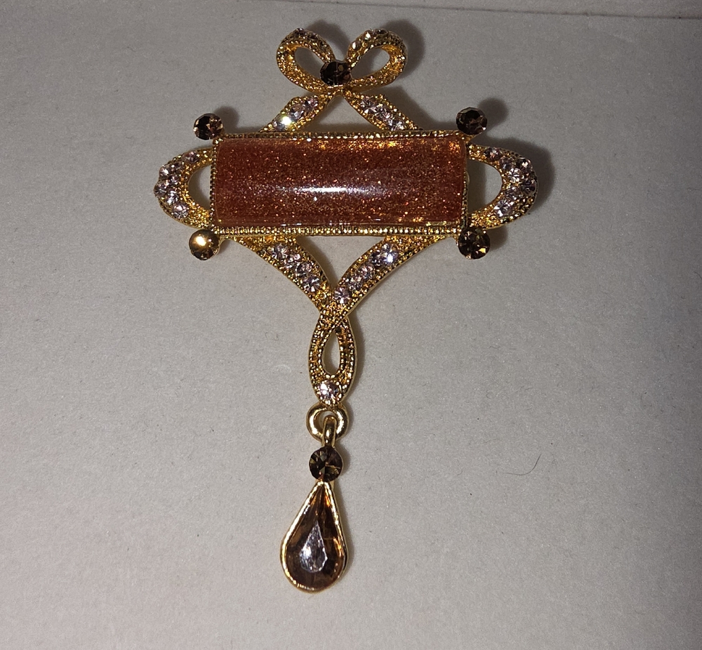 Gold-Tone Brown Glitter Stone Drop Brooch - Women Jewelry